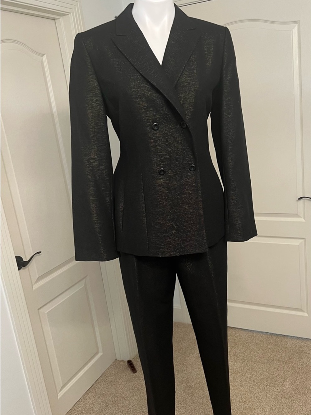 Jones New York Black and Metallic Gold Double-Breasted Blazer and Pants Suit